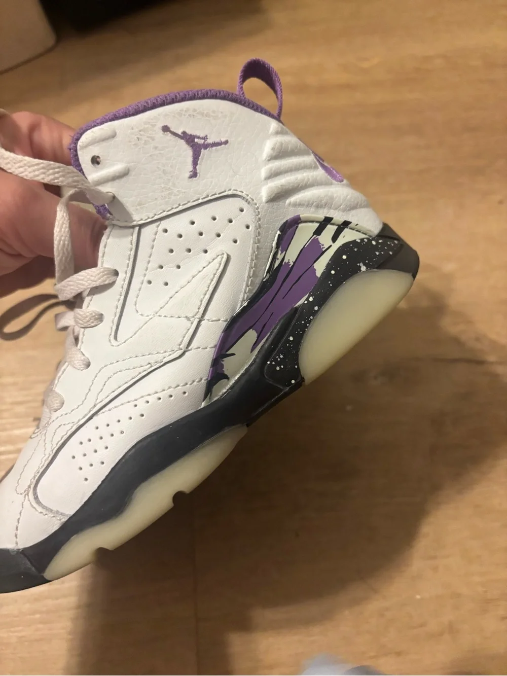 Kids White and Purple High-Top Jordan’s